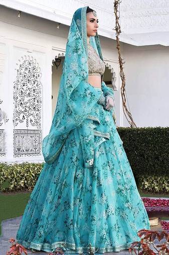 Sky Blue Floral Organza Bridal Lehenga Choli