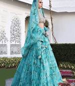Sky Blue Floral Organza Bridal Lehenga Choli