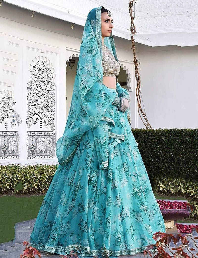 Sky Blue Floral Organza Bridal Lehenga Choli