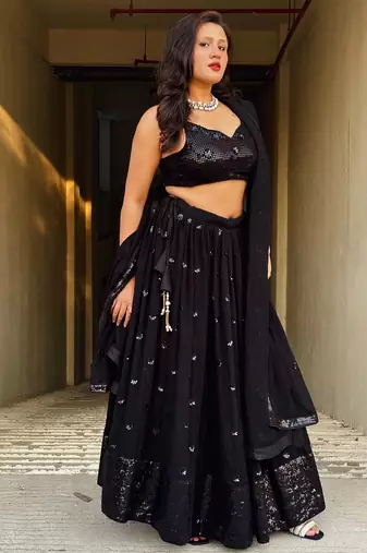 Wonderful Black Sequins Georgette Reception Wear Lehenga Choli