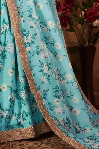 Sky Blue Floral Organza Bridal Lehenga Choli