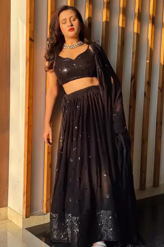 Wonderful Black Sequins Georgette Reception Wear Lehenga Choli