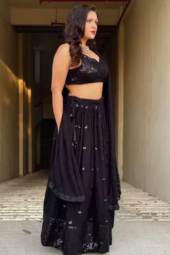 Wonderful Black Sequins Georgette Reception Wear Lehenga Choli