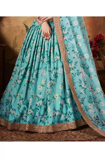 Sky Blue Floral Organza Bridal Lehenga Choli