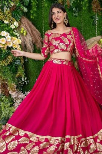 Astonishing Pink Zari Embroidered Georgette Lehenga Choli With Dupatta