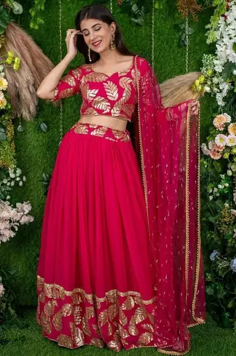 Astonishing Pink Zari Embroidered Georgette Lehenga Choli With Dupatta