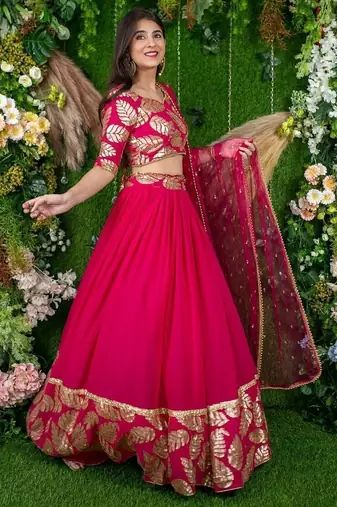 Astonishing Pink Zari Embroidered Georgette Lehenga Choli With Dupatta