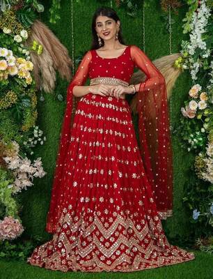 Alluring Red Sequins Georgette Lehenga Choli With Attached Dupatta 1