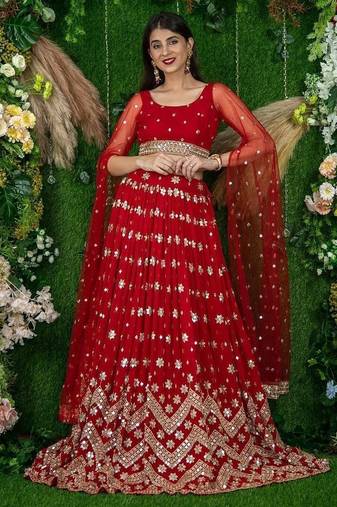 Alluring Red Sequins Georgette Lehenga Choli With Attached Dupatta