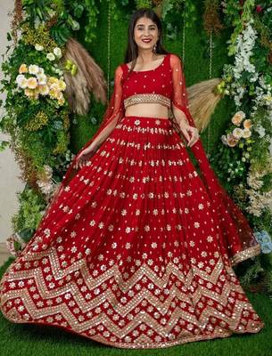 Alluring Red Sequins Georgette Lehenga Choli With Attached Dupatta 2