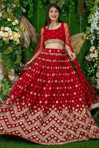 Alluring Red Sequins Georgette Lehenga Choli With Attached Dupatta