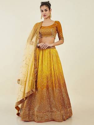 Captivating Yellow Sequins Art Silk Haldi Wear Lehenga Choli 1