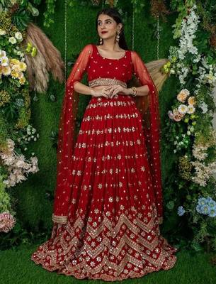 Alluring Red Sequins Georgette Lehenga Choli With Attached Dupatta 3