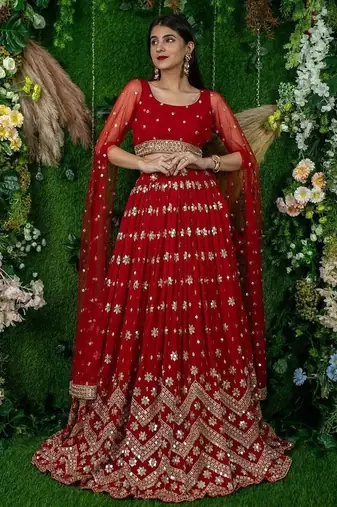 Alluring Red Sequins Georgette Lehenga Choli With Attached Dupatta