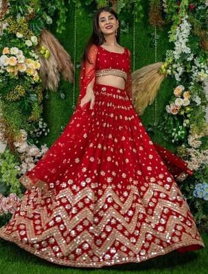 Alluring Red Sequins Georgette Lehenga Choli With Attached Dupatta 4