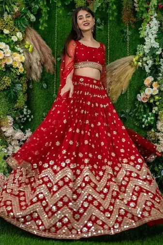 Alluring Red Sequins Georgette Lehenga Choli With Attached Dupatta