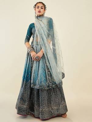 Magnetic Blue Sequins Art Silk Wedding Wear Lehenga Choli 1