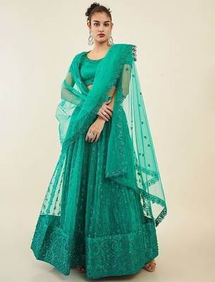Dazzling Teal Green Sequins Net Lehenga Choli With Dupatta 1