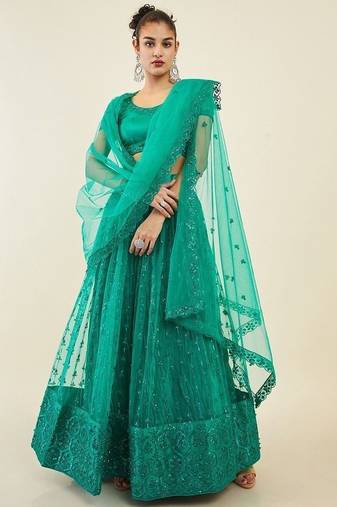 Dazzling Teal Green Sequins Net Lehenga Choli With Dupatta
