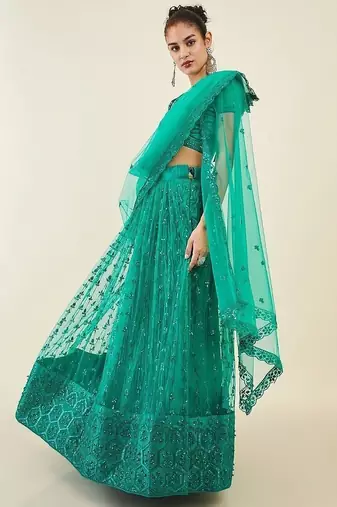 Dazzling Teal Green Sequins Net Lehenga Choli With Dupatta