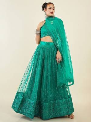 Dazzling Teal Green Sequins Net Lehenga Choli With Dupatta 3