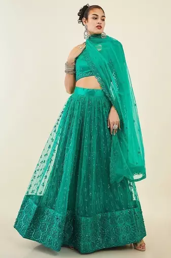 Dazzling Teal Green Sequins Net Lehenga Choli With Dupatta