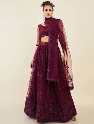 Stunning Purple Sequins Net Reception Wear Lehenga Choli With Dupatta 2