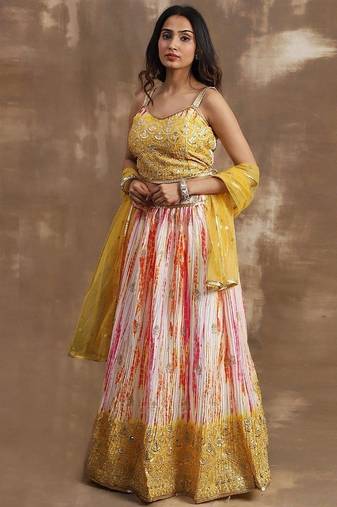 Alluring White & Yellow Sequins Chinon Haldi Wear Lehenga Choli