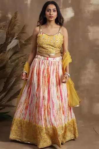 Alluring White & Yellow Sequins Chinon Haldi Wear Lehenga Choli