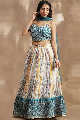 Glamorous White & Blue Sequins Chinon Sangeet Wear Lehenga Choli