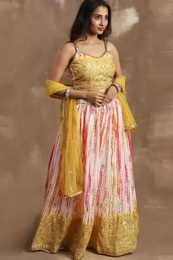Alluring White & Yellow Sequins Chinon Haldi Wear Lehenga Choli
