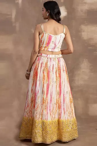 Alluring White & Yellow Sequins Chinon Haldi Wear Lehenga Choli