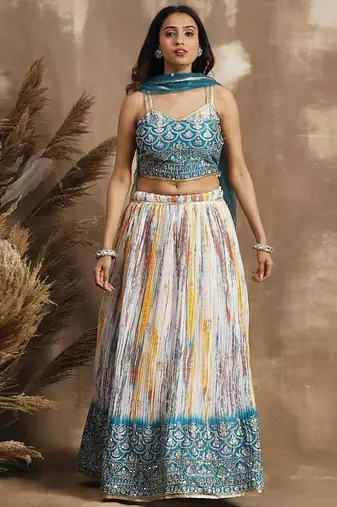 Glamorous White & Blue Sequins Chinon Sangeet Wear Lehenga Choli