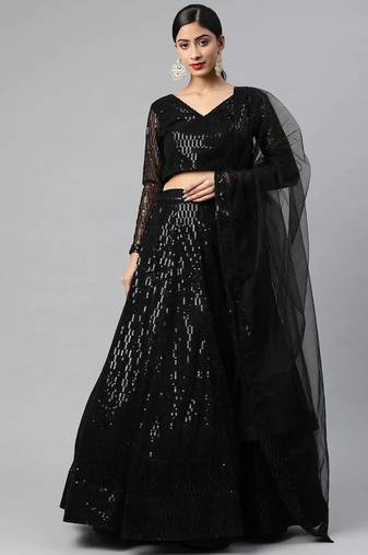 Black Embroidered Sequinned Semi-stitched Lehenga & Blouse With Dupatta