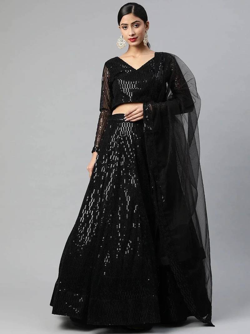 Black Embroidered Sequinned Semi-stitched Lehenga & Blouse With Dupatta
