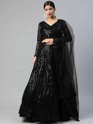 Black Embroidered Sequinned Semi-stitched Lehenga & Blouse With Dupatta 1
