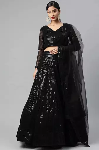 Black Embroidered Sequinned Semi-stitched Lehenga & Blouse With Dupatta
