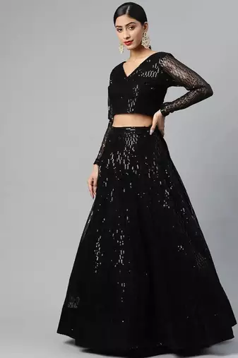 Black Embroidered Sequinned Semi-stitched Lehenga & Blouse With Dupatta