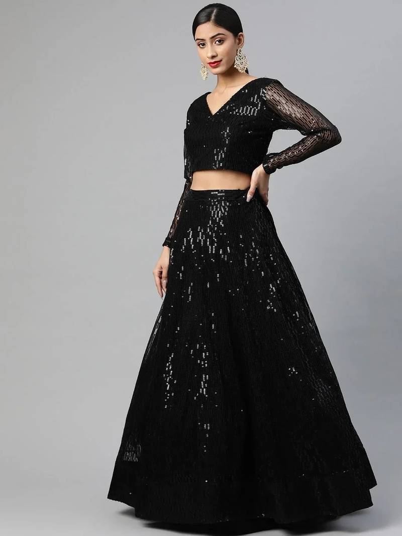 Black Embroidered Sequinned Semi-stitched Lehenga & Blouse With Dupatta