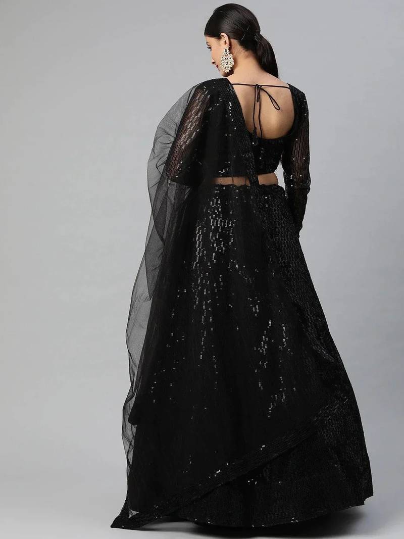 Black Embroidered Sequinned Semi-stitched Lehenga & Blouse With Dupatta
