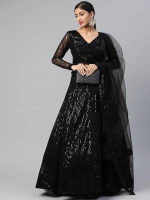 Black Embroidered Sequinned Semi-stitched Lehenga & Blouse With Dupatta 4