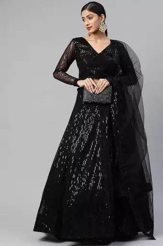 Black Embroidered Sequinned Semi-stitched Lehenga & Blouse With Dupatta