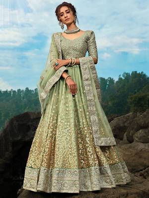 Green Zari Worked Soft Net Wedding Wear Lehenga Choli 1