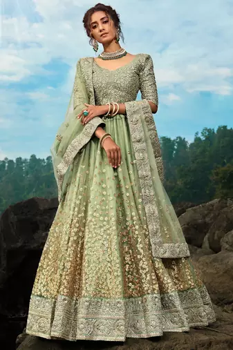 Green Zari Worked Soft Net Wedding Wear Lehenga Choli