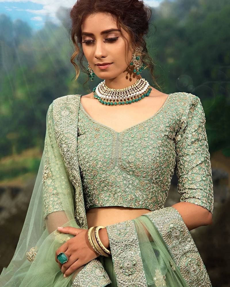 Green Zari Worked Soft Net Wedding Wear Lehenga Choli