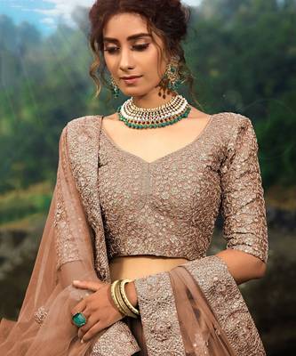 Brown Zari Worked Soft Net Wedding Wear Lehenga Choli 1