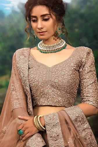 Brown Zari Worked Soft Net Wedding Wear Lehenga Choli