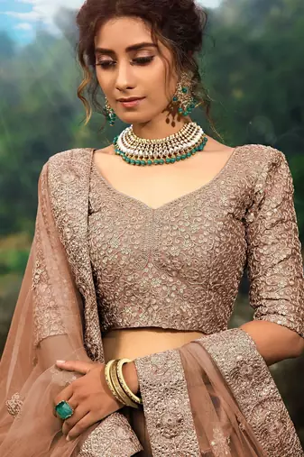 Brown Zari Worked Soft Net Wedding Wear Lehenga Choli