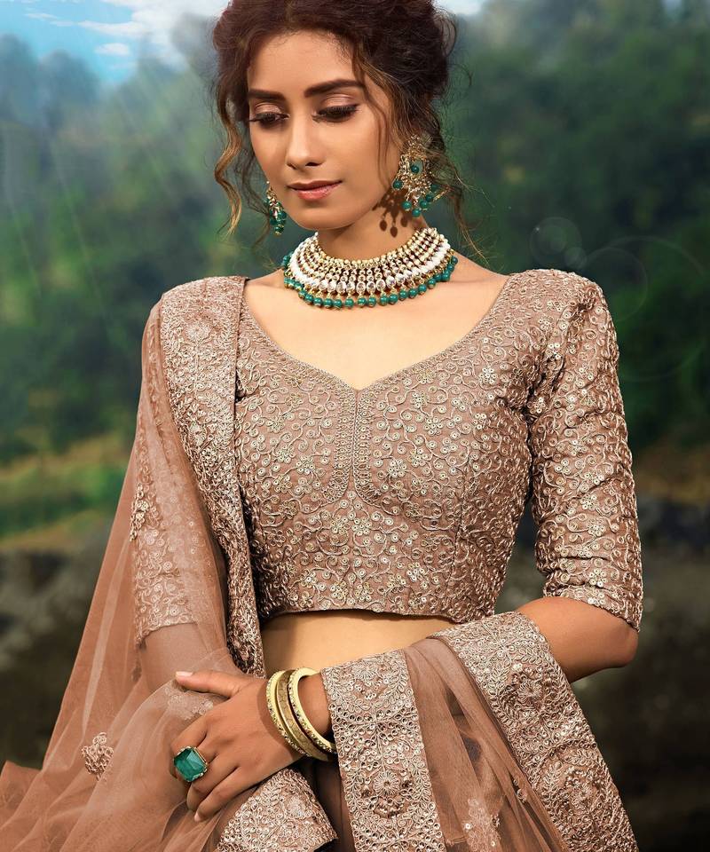 Brown Zari Worked Soft Net Wedding Wear Lehenga Choli