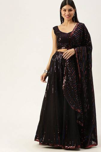 Black Embellished Sequinned Semi-Stitched Lehenga & Unstitched Blouse With Dupatta